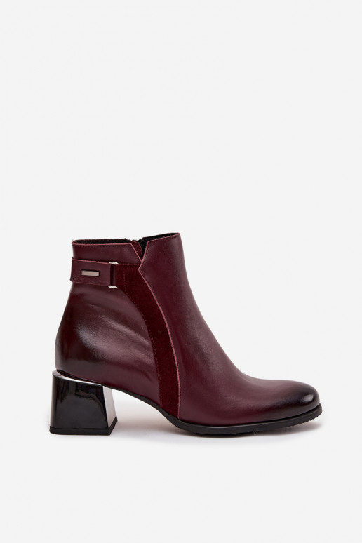 Botins de couro femininos com salto na cor bordô Zazoo 60563