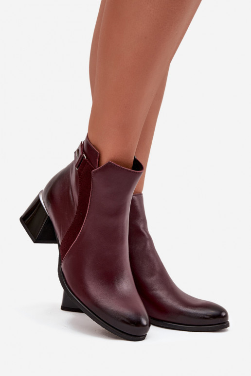 Botins de couro femininos com salto na cor bordô Zazoo 60563