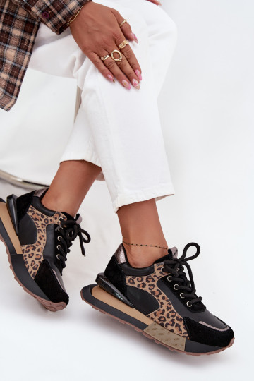 Ténis femininos em couro com plataforma e padrão de leopardo na cor preta Artiker 55C0134