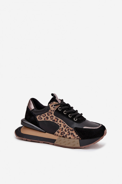 Ténis femininos em couro com plataforma e padrão de leopardo na cor preta Artiker 55C0134