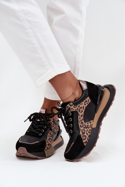 Ténis femininos em couro com plataforma e padrão de leopardo na cor preta Artiker 55C0134
