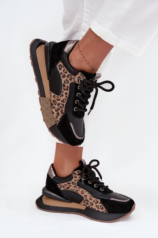 Ténis femininos em couro com plataforma e padrão de leopardo na cor preta Artiker 55C0134