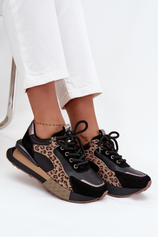 Ténis femininos em couro com plataforma e padrão de leopardo na cor preta Artiker 55C0134