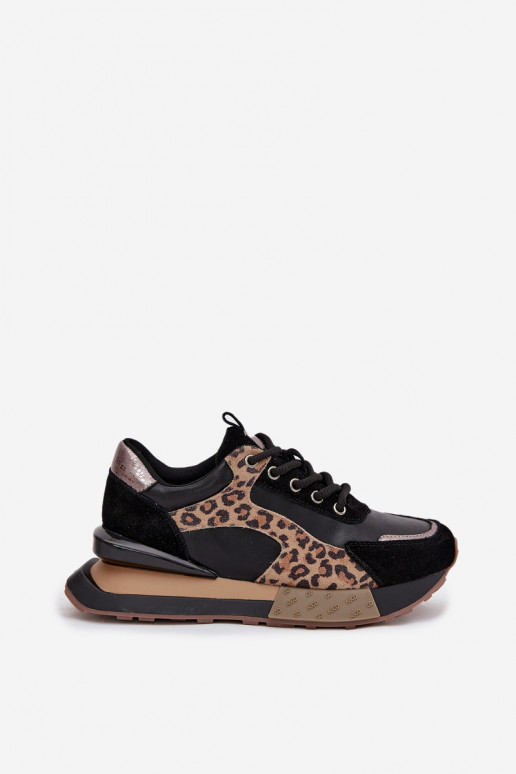 Ténis femininos em couro com plataforma e padrão de leopardo na cor preta Artiker 55C0134