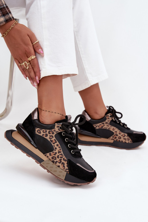 Ténis femininos em couro com plataforma e padrão de leopardo na cor preta Artiker 55C0134