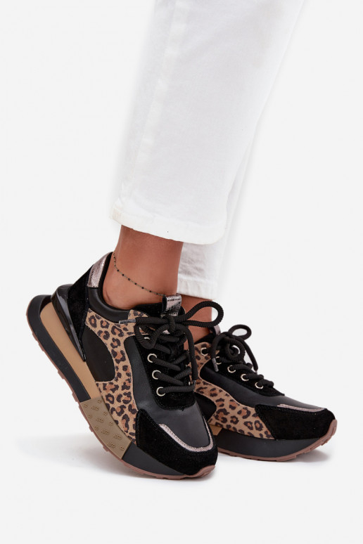 Ténis femininos em couro com plataforma e padrão de leopardo na cor preta Artiker 55C0134