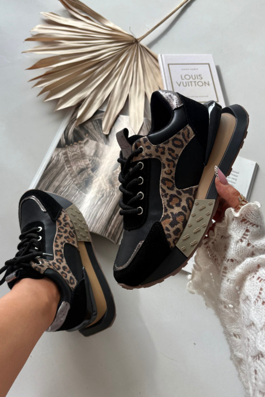 Ténis femininos em couro com plataforma e padrão de leopardo na cor preta Artiker 55C0134