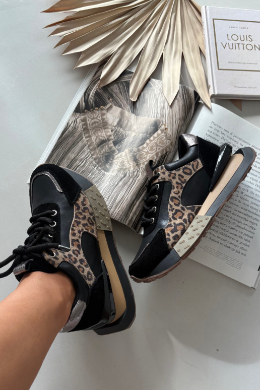 Ténis femininos em couro com plataforma e padrão de leopardo na cor preta Artiker 55C0134