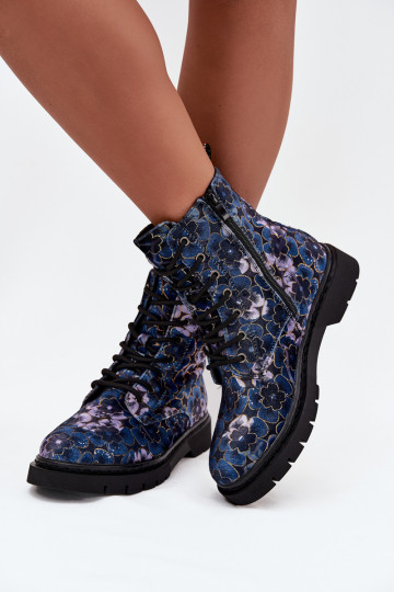 Botins femininos quentes com flores na cor azul escuro Artiker 57C1052