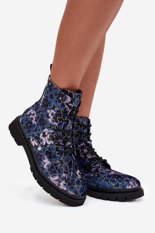 Botins femininos quentes com flores na cor azul escuro Artiker 57C1052