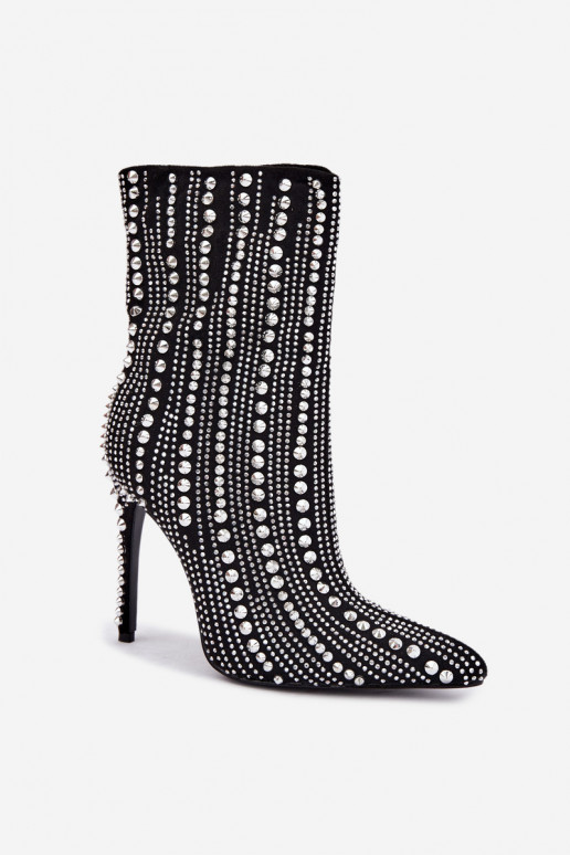 Botins quentes com saltos finos, decorados com tachas, pretos Delva