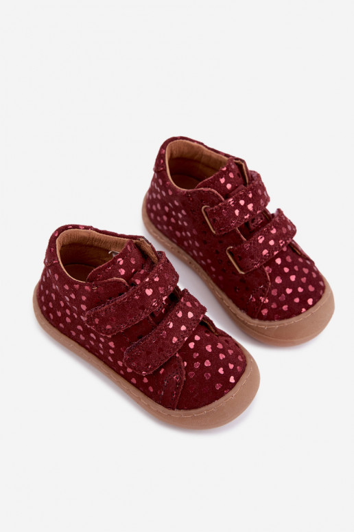 Sapatos de camurça para crianças bordô Barefoot com corações Froddo G2130328-66
