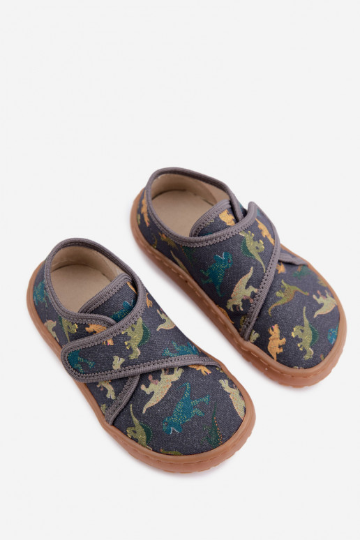 Chinelos para crianças com fechos adesivos Barefoot Dinozaurai Froddo G1700438-26 em cinza