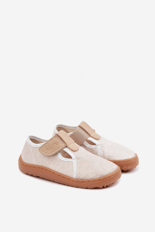 Chinelos para crianças com fechos adesivos e brilho Barefoot Froddo Canvas G1700439-3 em dourado