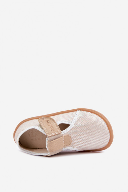 Chinelos para crianças com fechos adesivos e brilho Barefoot Froddo Canvas G1700439-3 em dourado