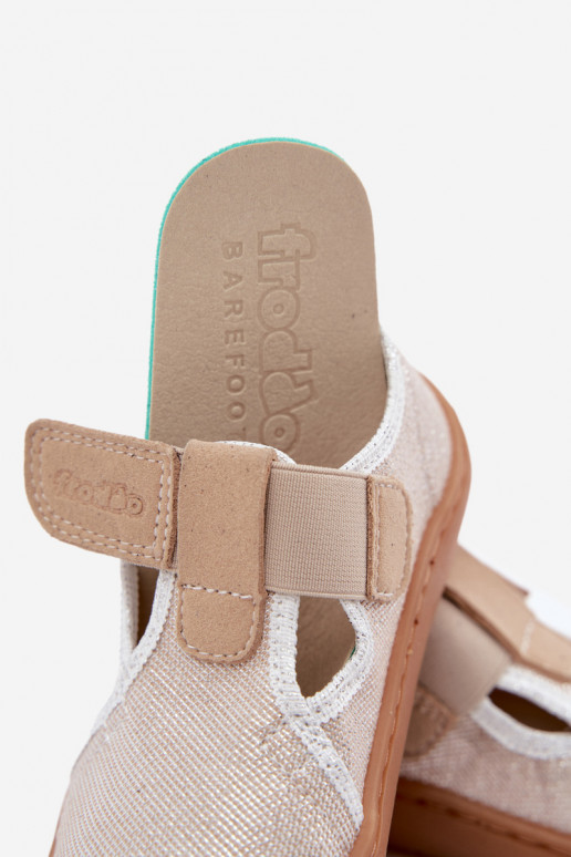 Chinelos para crianças com fechos adesivos e brilho Barefoot Froddo Canvas G1700439-3 em dourado