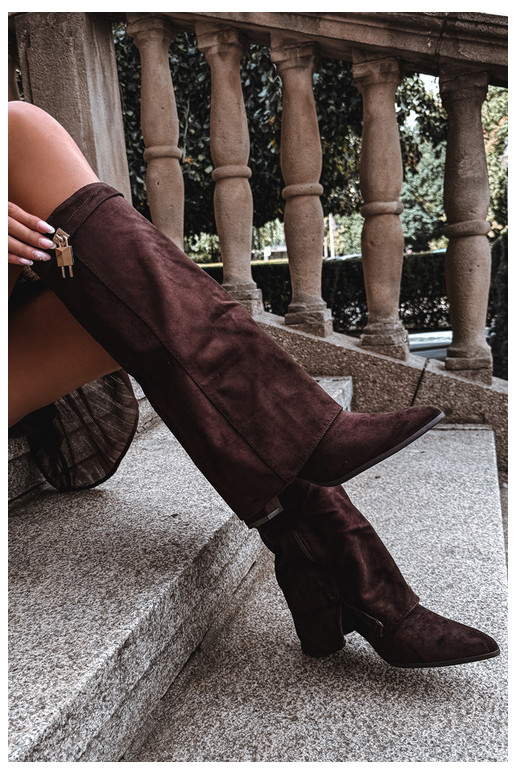 Botas longas aquecidas com saltos e decoração dourada embutida na cor marrom Danessa