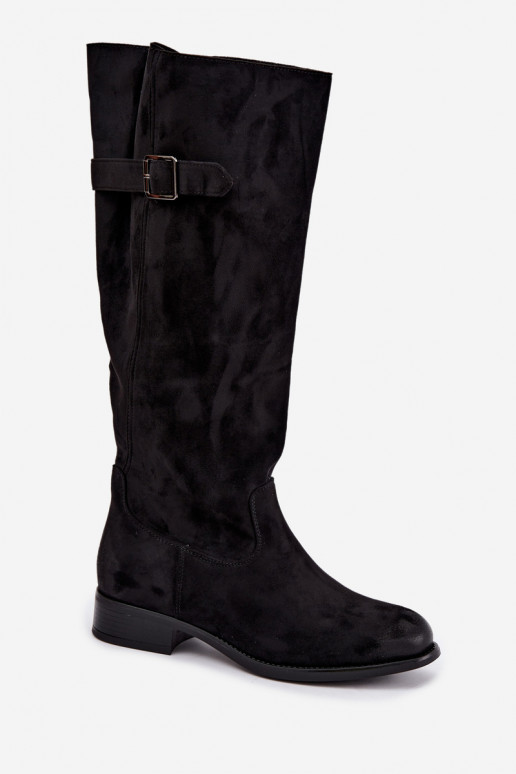 Botas longas femininas com saltos largos e fivelas na cor preta Farela