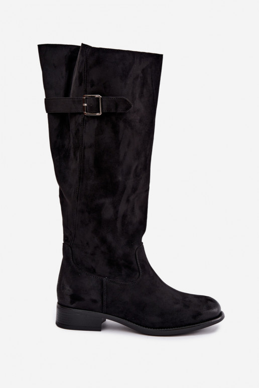 Botas longas femininas com saltos largos e fivelas na cor preta Farela