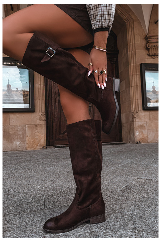 Botas altas femininas com saltos largos e fivelas, marrons Farela