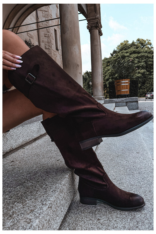 Botas altas femininas com saltos largos e fivelas, marrons Farela