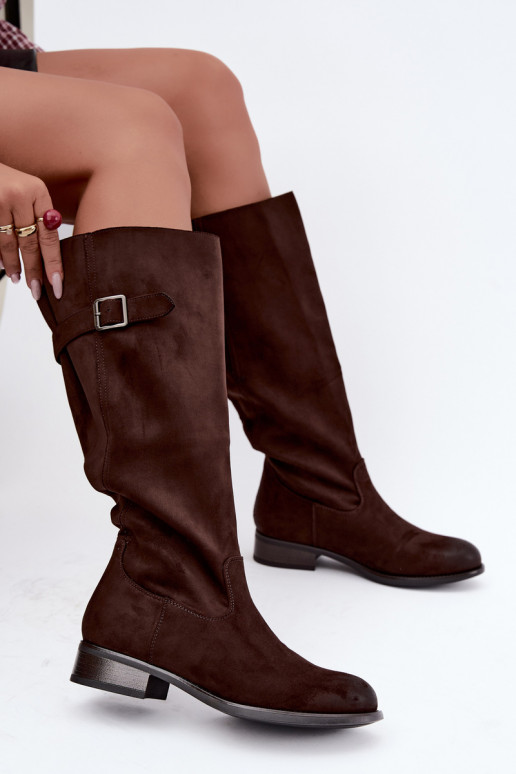 Botas altas femininas com saltos largos e fivelas, marrons Farela