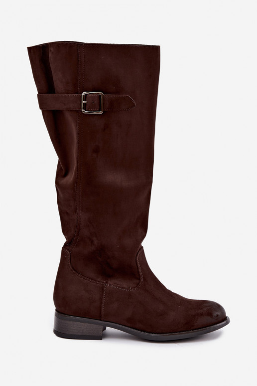 Botas altas femininas com saltos largos e fivelas, marrons Farela