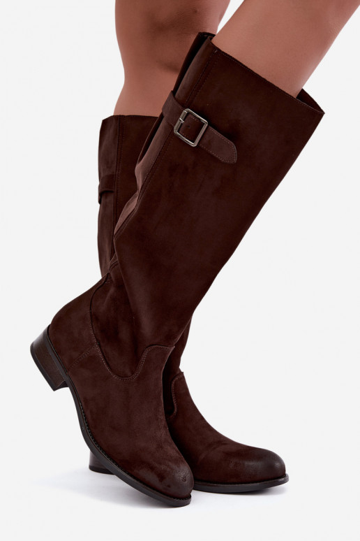 Botas altas femininas com saltos largos e fivelas, marrons Farela