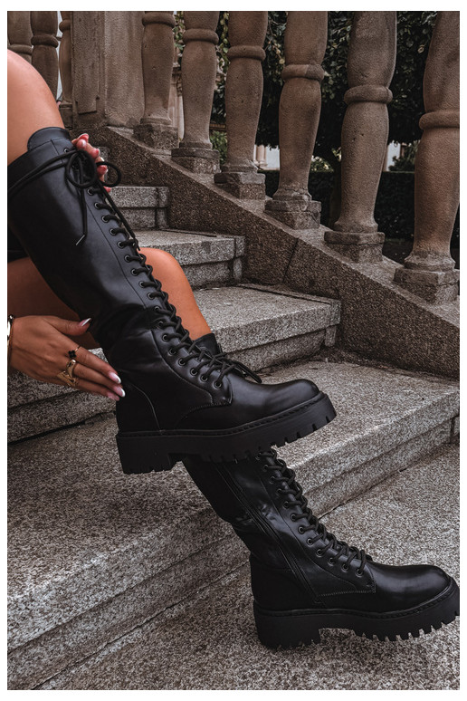 Botas altas femininas com cadarços e plataforma, pretas Jalira