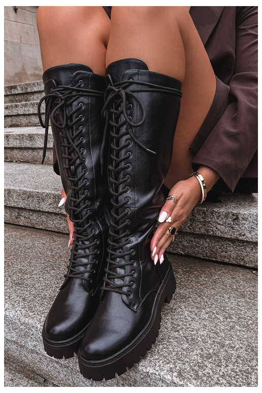 Botas altas femininas com cadarços e plataforma, pretas Jalira