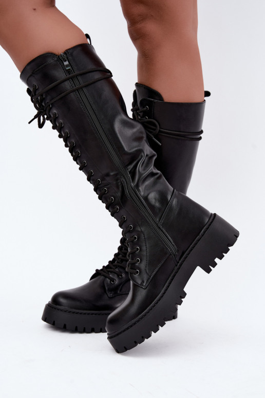 Botas altas femininas com cadarços e plataforma, pretas Jalira