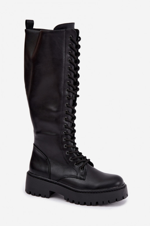 Botas altas femininas com cadarços e plataforma, pretas Jalira