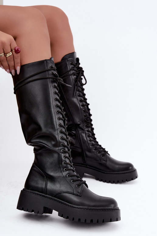 Botas altas femininas com cadarços e plataforma, pretas Jalira