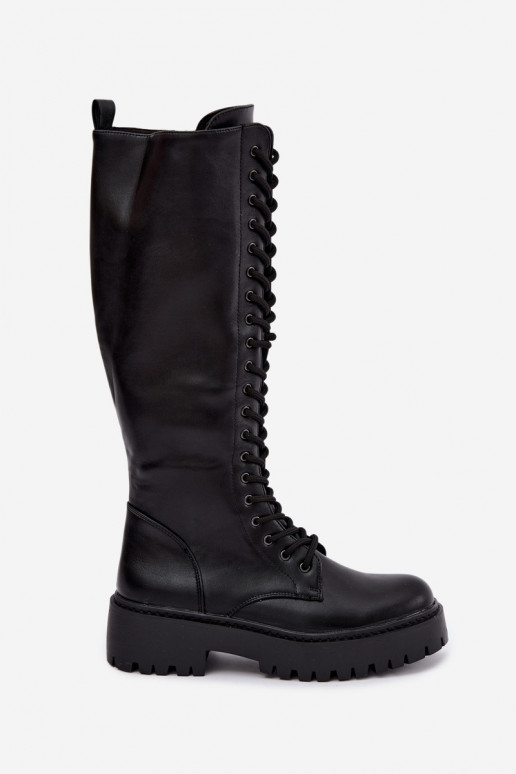 Botas altas femininas com cadarços e plataforma, pretas Jalira