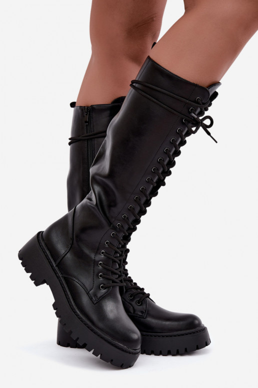 Botas altas femininas com cadarços e plataforma, pretas Jalira