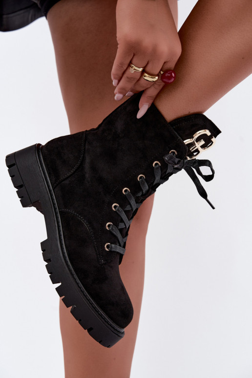 Botins quentes femininos com ornamentos em camurça, pretos Falira