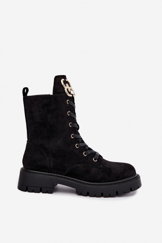 Botins quentes femininos com ornamentos em camurça, pretos Falira