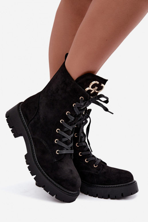 Botins quentes femininos com ornamentos em camurça, pretos Falira