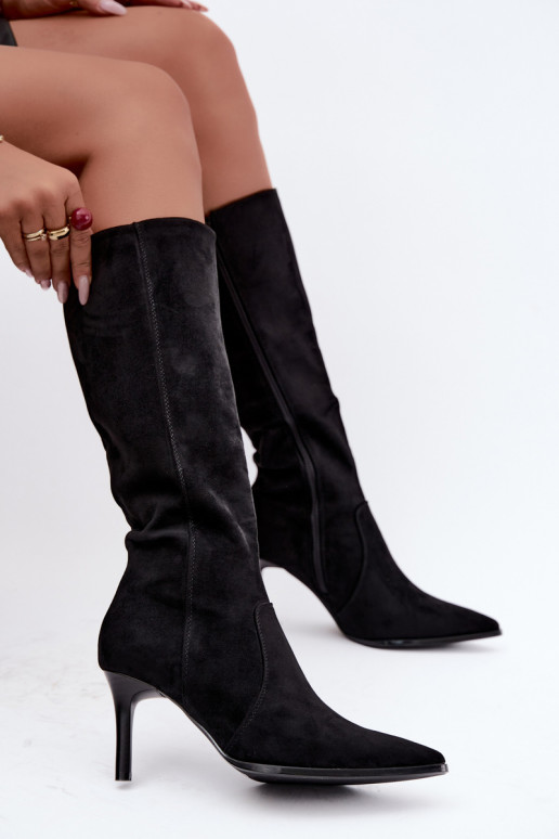 Botas altas quentes com saltos altos, pretas Taelia