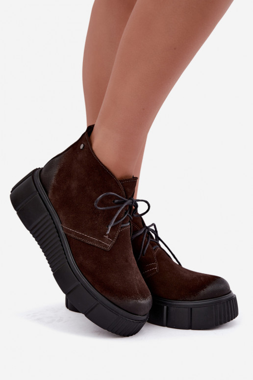 Sapatos femininos em couro de camurça sintética aquecidos com plataforma na cor marrom Zazoo 60588