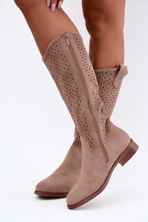 Botas longas com cano recortado e saltos largos S.Barski HY62-8144 areia