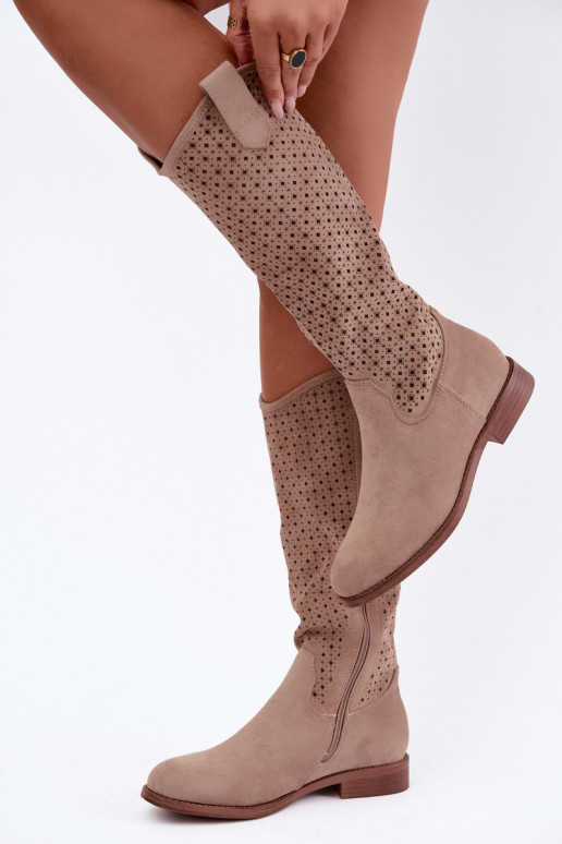 Botas longas com cano recortado e saltos largos S.Barski HY62-8144 areia
