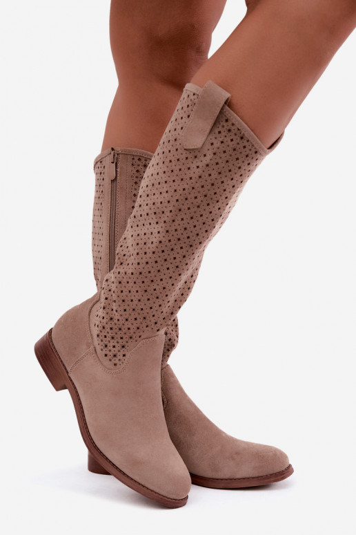 Botas longas com cano recortado e saltos largos S.Barski HY62-8144 areia