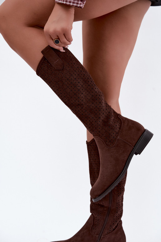Botas altas com design recortado e saltos largos, marrons