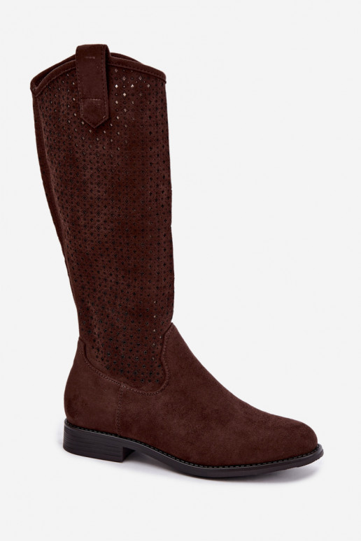 Botas altas com design recortado e saltos largos, marrons