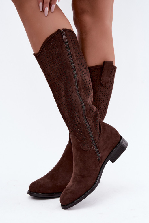 Botas altas com design recortado e saltos largos, marrons
