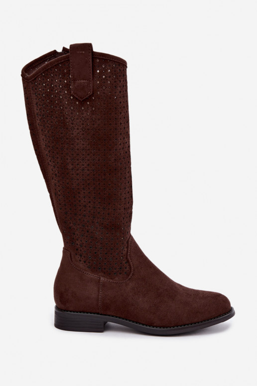 Botas altas com design recortado e saltos largos, marrons