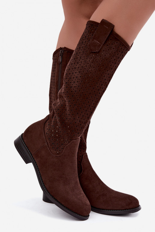 Botas altas com design recortado e saltos largos, marrons