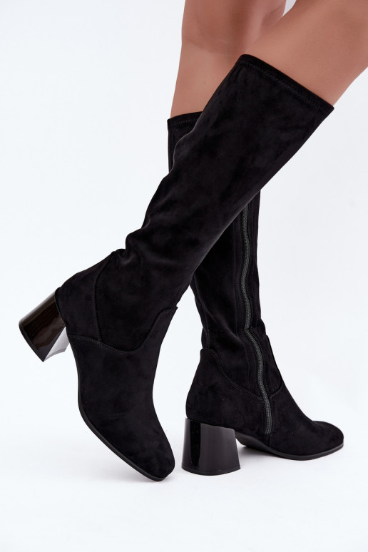 Botas longas femininas de camurça com saltos Vinceza 58697 preto