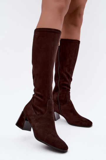 Botas longas femininas de camurça com saltos Vinceza 58697 chocolate